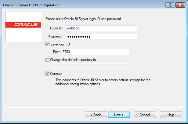 Click Next and enter Login ID and Password to connect to BI Server with Por...